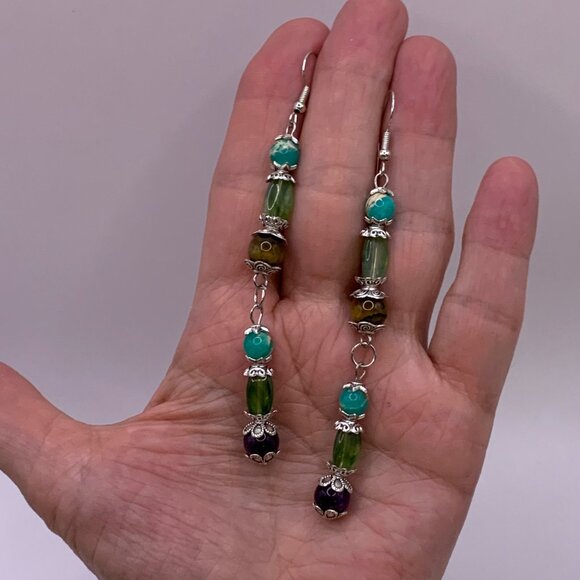 Long Dangle Stone & Glass Beads Handmade Pierced Earrings LR135 - Picture 4 of 4